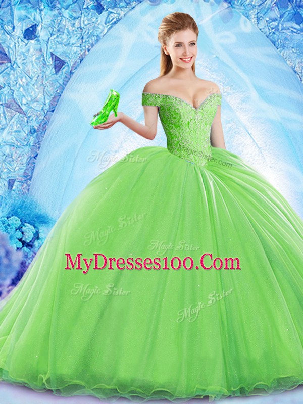 Beauteous Ball Gowns Off The Shoulder Sleeveless Organza Brush Train Lace Up Beading Quinceanera Gown