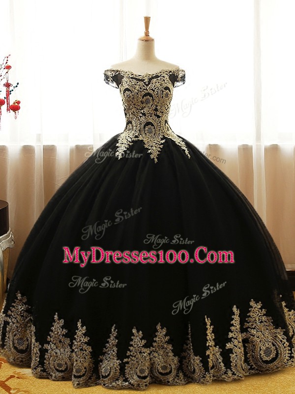 Customized Black Quinceanera Dresses Military Ball and Sweet 16 and Quinceanera with Appliques Off The Shoulder Sleeveless Lace Up