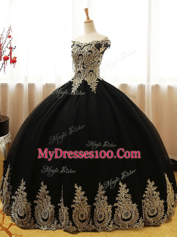 Customized Black Quinceanera Dresses Military Ball and Sweet 16 and Quinceanera with Appliques Off The Shoulder Sleeveless Lace Up
