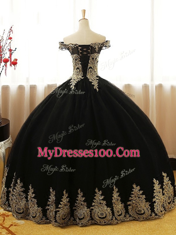 Customized Black Quinceanera Dresses Military Ball and Sweet 16 and Quinceanera with Appliques Off The Shoulder Sleeveless Lace Up