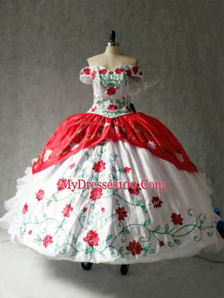 Beauteous White And Red Lace Up Off The Shoulder Embroidery and Ruffles Quinceanera Gown Organza and Taffeta Cap Sleeves