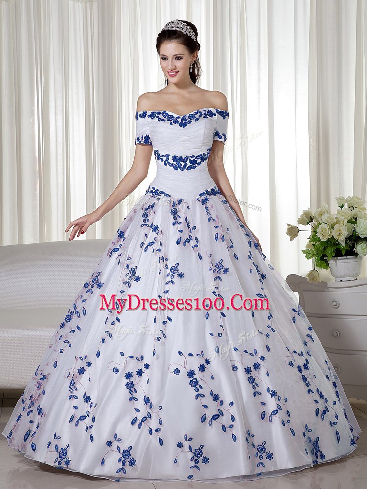 Short Sleeves Organza Floor Length Lace Up 15 Quinceanera Dress in White with Embroidery