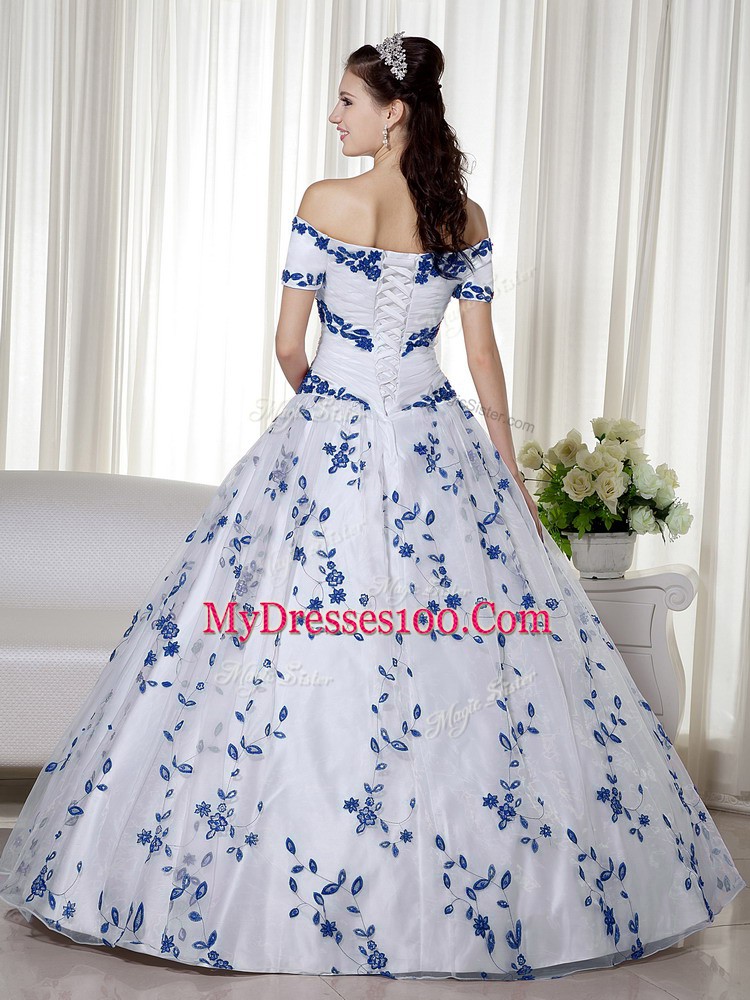Short Sleeves Organza Floor Length Lace Up 15 Quinceanera Dress in White with Embroidery