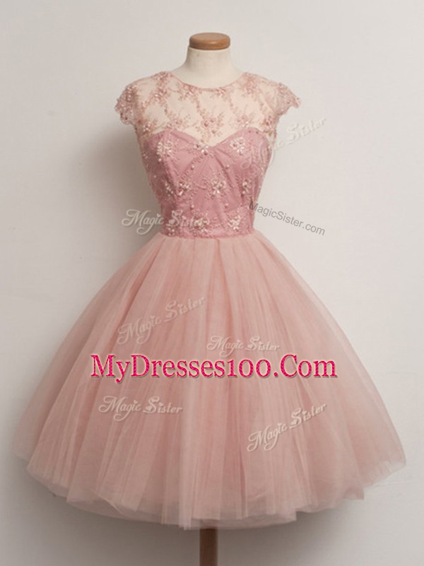 Top Selling Tulle Cap Sleeves Knee Length Vestidos de Damas and Lace