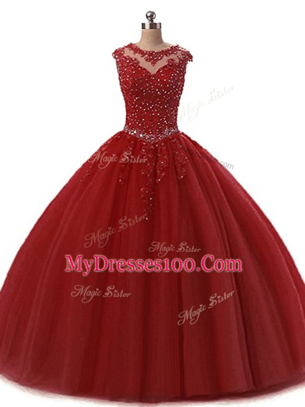 Burgundy Lace Up Sweet 16 Quinceanera Dress Beading and Lace Sleeveless Floor Length