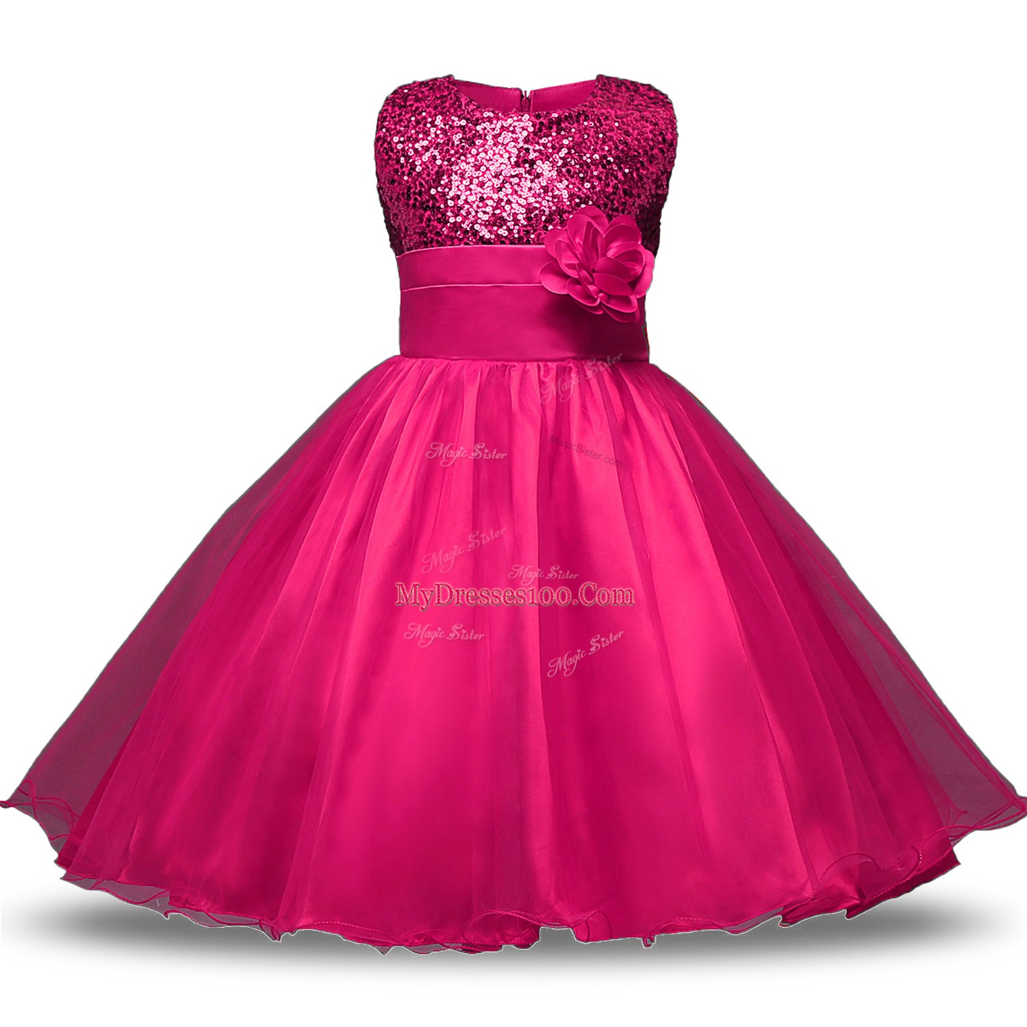 New Arrival Hot Pink Zipper Flower Girl Dress Belt and Hand Made Flower Sleeveless Knee Length