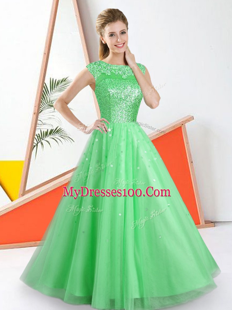 Exceptional Green Bateau Neckline Beading and Lace Dama Dress for Quinceanera Sleeveless Backless