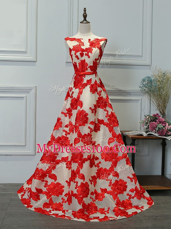 Floor Length White And Red Bateau Sleeveless Lace Up