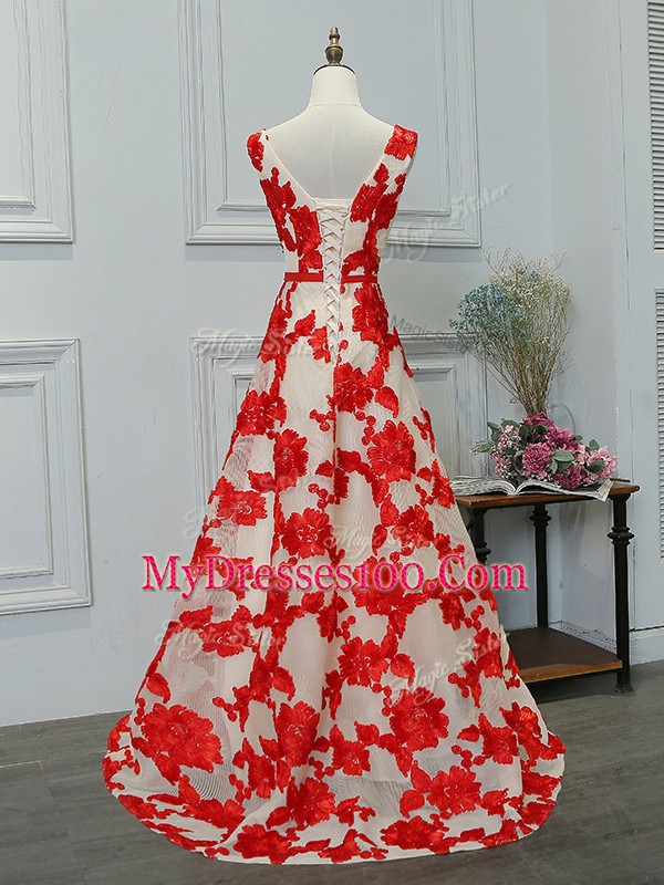 Floor Length White And Red Bateau Sleeveless Lace Up