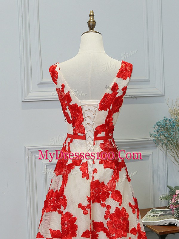 Floor Length White And Red Bateau Sleeveless Lace Up