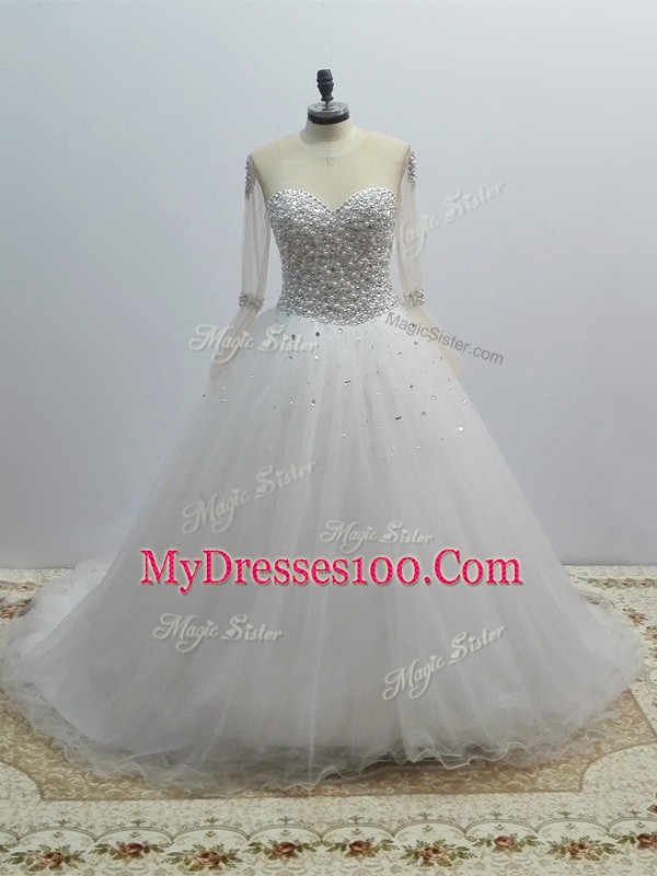White Long Sleeves Brush Train Beading Wedding Dress