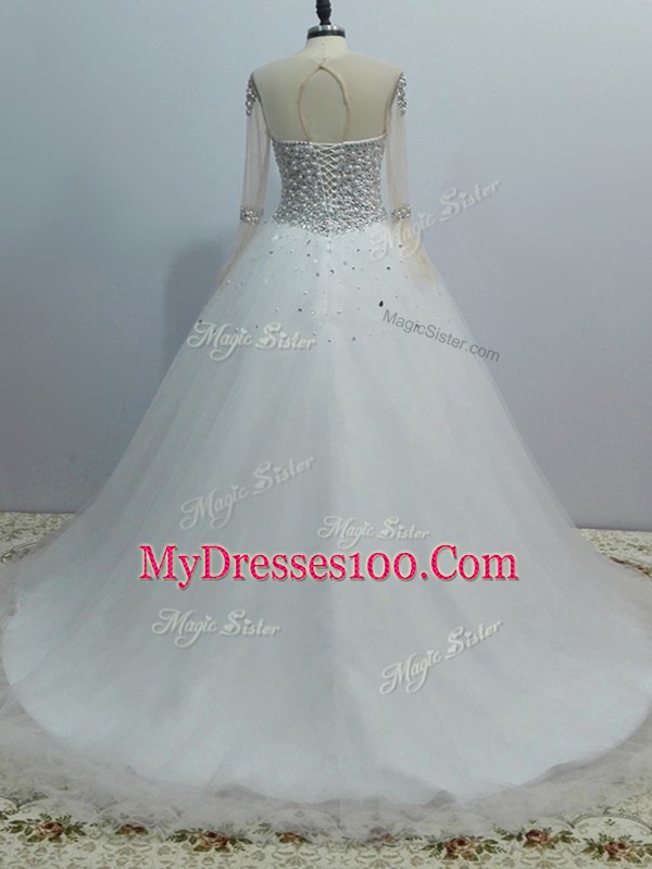 White Long Sleeves Brush Train Beading Wedding Dress