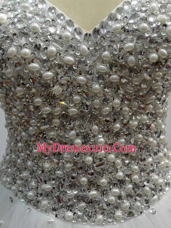 White Long Sleeves Brush Train Beading Wedding Dress