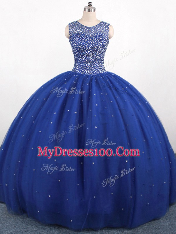 Royal Blue Scoop Neckline Beading Quinceanera Dresses Sleeveless Zipper