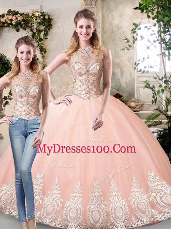 Peach Two Pieces Scoop Sleeveless Tulle Floor Length Lace Up Beading and Lace and Appliques 15th Birthday Dress