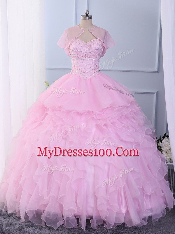 Pink Ball Gowns Beading and Ruffles Sweet 16 Dress Lace Up Organza Sleeveless Floor Length