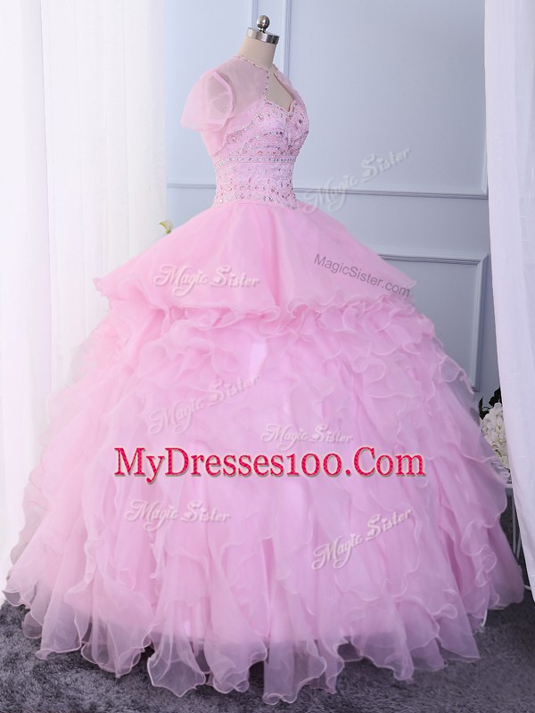 Pink Ball Gowns Beading and Ruffles Sweet 16 Dress Lace Up Organza Sleeveless Floor Length