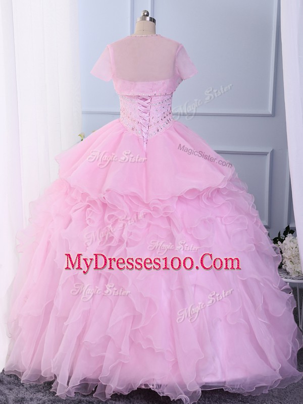 Pink Ball Gowns Beading and Ruffles Sweet 16 Dress Lace Up Organza Sleeveless Floor Length