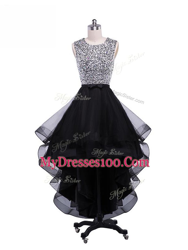 Scoop Sleeveless Prom Evening Gown High Low Beading and Ruffles Black Tulle