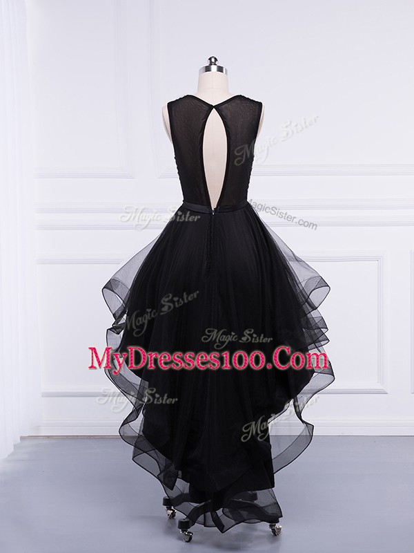 Scoop Sleeveless Prom Evening Gown High Low Beading and Ruffles Black Tulle