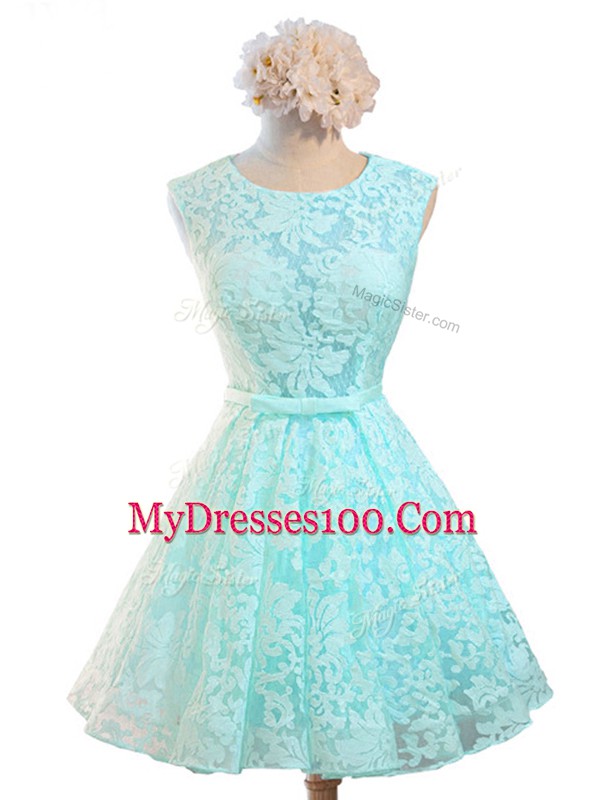 Top Selling Lace Scoop Sleeveless Lace Up Belt Quinceanera Court of Honor Dress in Aqua Blue
