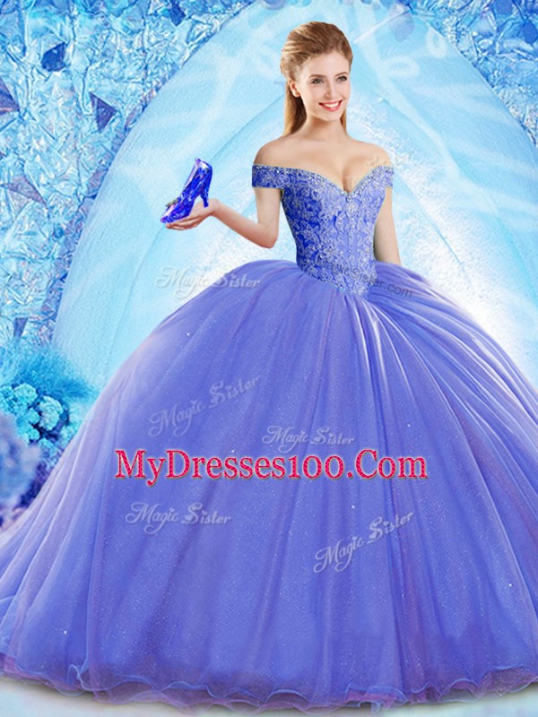 Designer Blue Off The Shoulder Neckline Beading Sweet 16 Dresses Sleeveless Lace Up