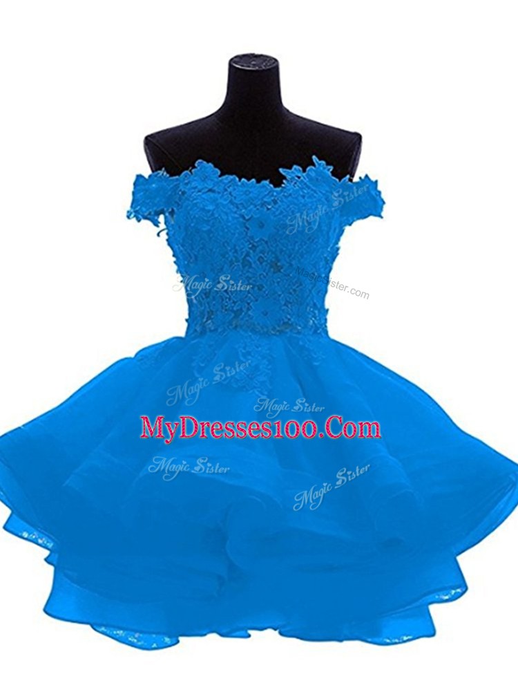 Simple Blue A-line Lace and Appliques and Ruffles Cocktail Dress Zipper Organza Sleeveless Mini Length