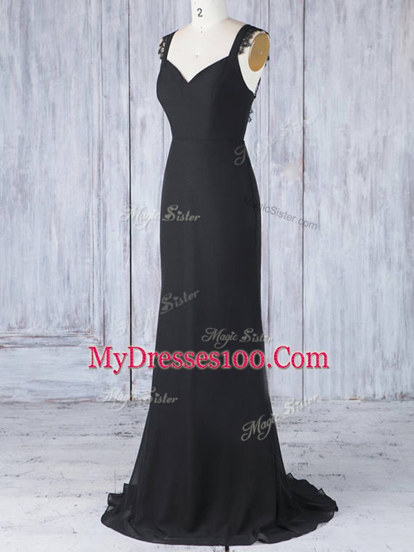 Captivating Sleeveless Chiffon Sweep Train Zipper Quinceanera Court of Honor Dress in Black with Appliques