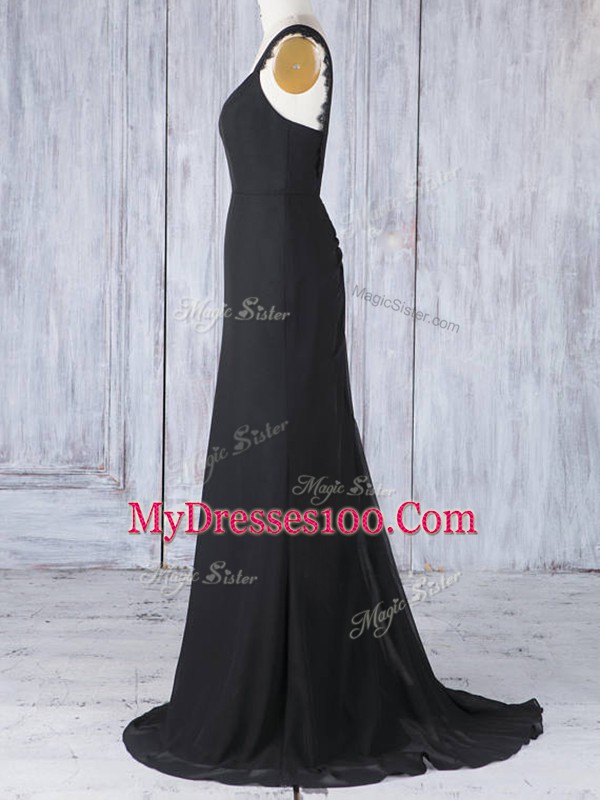 Captivating Sleeveless Chiffon Sweep Train Zipper Quinceanera Court of Honor Dress in Black with Appliques