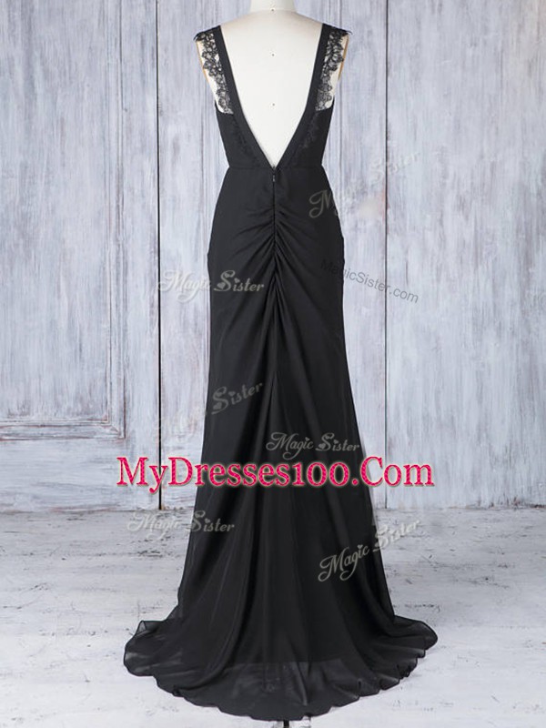 Captivating Sleeveless Chiffon Sweep Train Zipper Quinceanera Court of Honor Dress in Black with Appliques