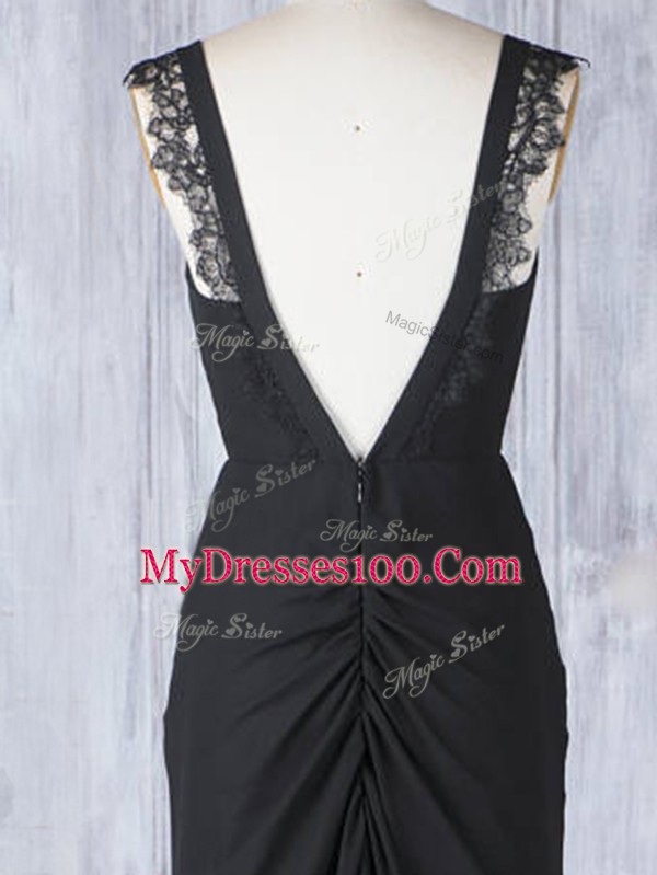 Captivating Sleeveless Chiffon Sweep Train Zipper Quinceanera Court of Honor Dress in Black with Appliques