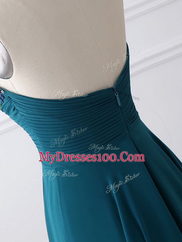 Fancy Floor Length Teal Mother of Bride Dresses Chiffon Sleeveless Sequins and Ruching