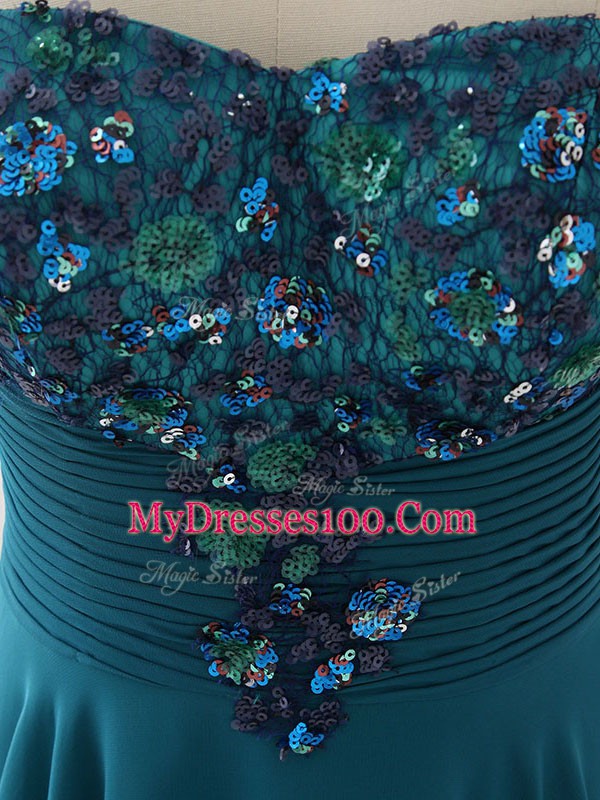 Fancy Floor Length Teal Mother of Bride Dresses Chiffon Sleeveless Sequins and Ruching