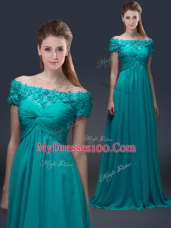 Simple Floor Length Teal Mother Dresses Off The Shoulder Short Sleeves Lace Up