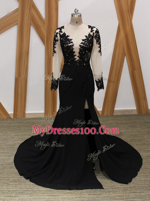 Black Mother of the Bride Dress Chiffon Brush Train Long Sleeves Lace and Appliques