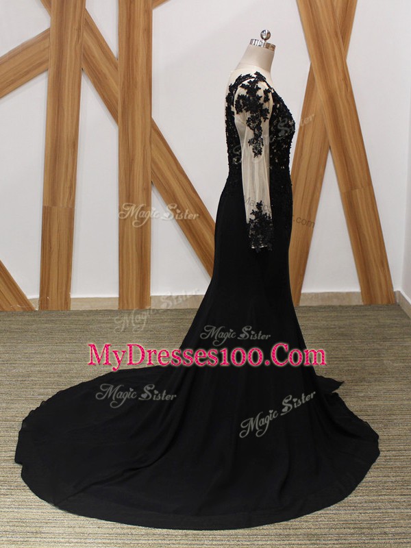 Black Mother of the Bride Dress Chiffon Brush Train Long Sleeves Lace and Appliques