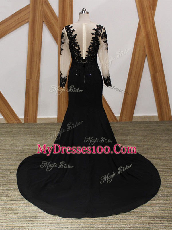 Black Mother of the Bride Dress Chiffon Brush Train Long Sleeves Lace and Appliques