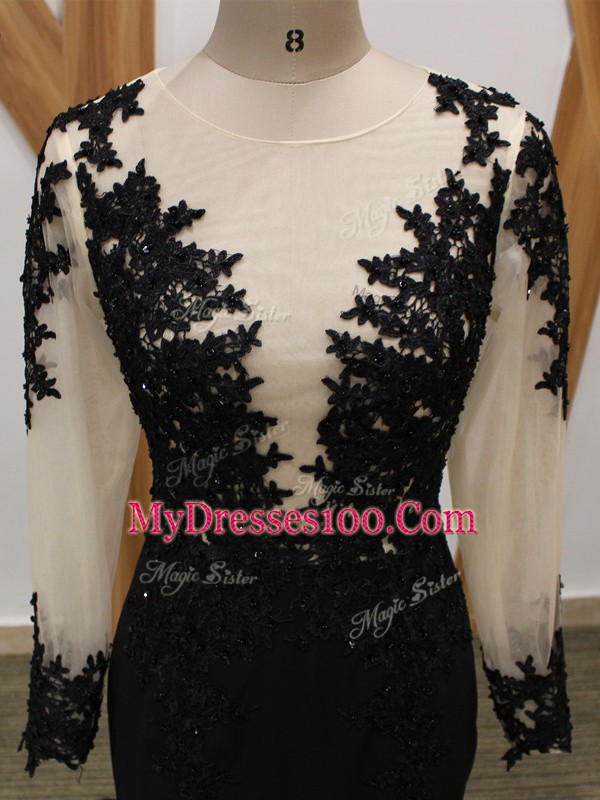 Black Mother of the Bride Dress Chiffon Brush Train Long Sleeves Lace and Appliques
