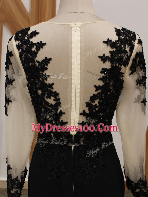 Black Mother of the Bride Dress Chiffon Brush Train Long Sleeves Lace and Appliques