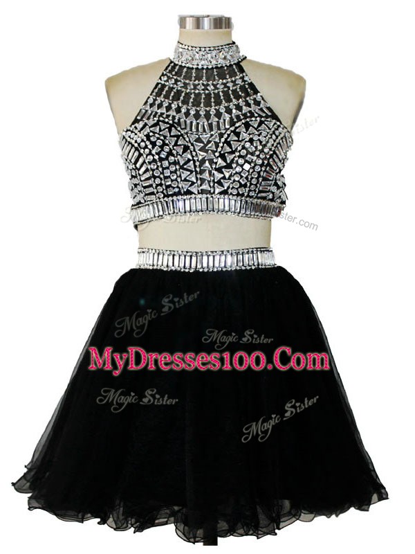 Black Two Pieces Tulle Halter Top Sleeveless Beading Mini Length Criss Cross Evening Dress