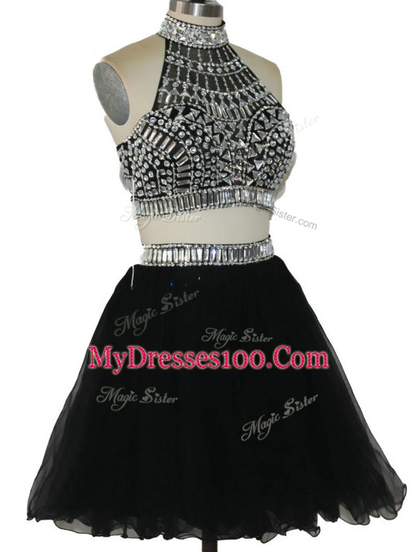Black Two Pieces Tulle Halter Top Sleeveless Beading Mini Length Criss Cross Evening Dress