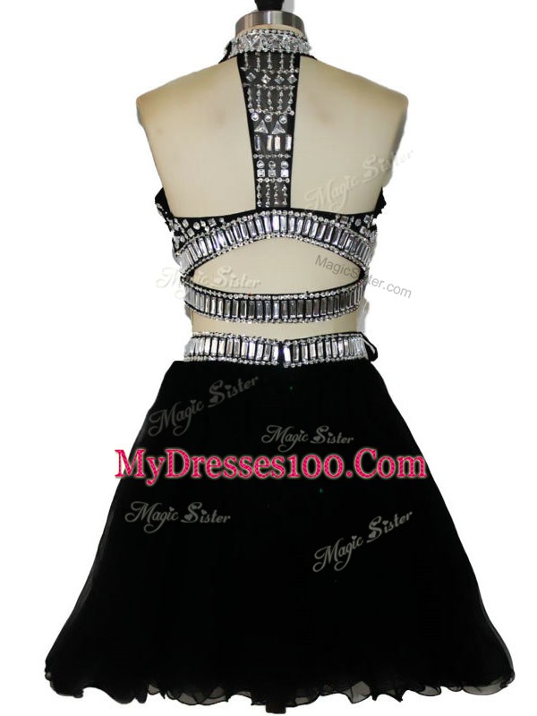 Black Two Pieces Tulle Halter Top Sleeveless Beading Mini Length Criss Cross Evening Dress