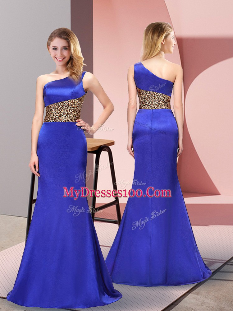 Royal Blue Side Zipper One Shoulder Pattern Prom Gown Elastic Woven Satin Sleeveless