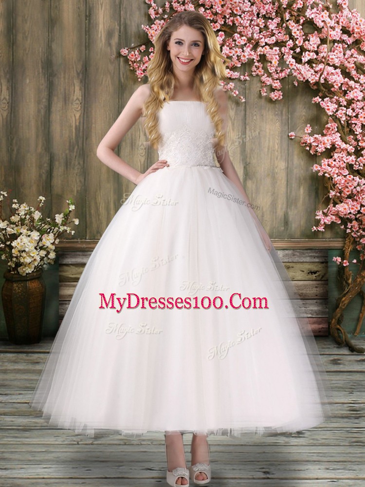Adorable Ankle Length White Wedding Gown Organza Sleeveless Embroidery