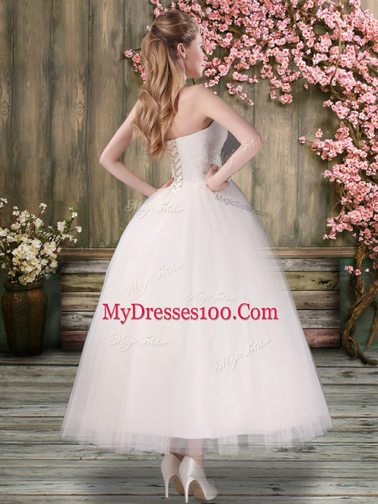 Adorable Ankle Length White Wedding Gown Organza Sleeveless Embroidery