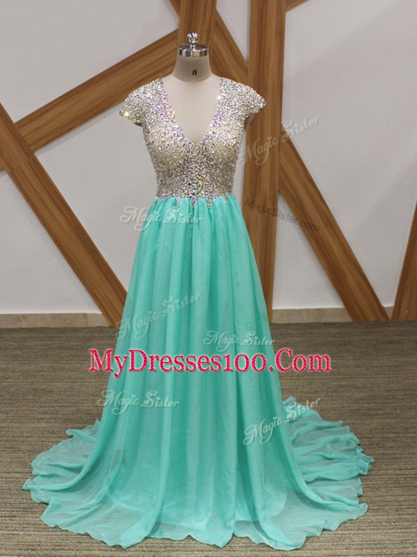 High Class Scoop Short Sleeves Chiffon Homecoming Dress Beading Brush Train Backless