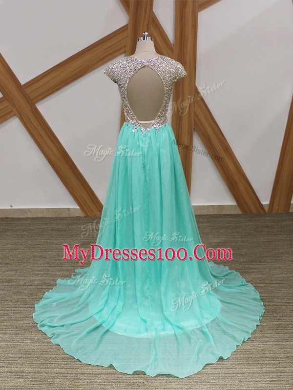 High Class Scoop Short Sleeves Chiffon Homecoming Dress Beading Brush Train Backless