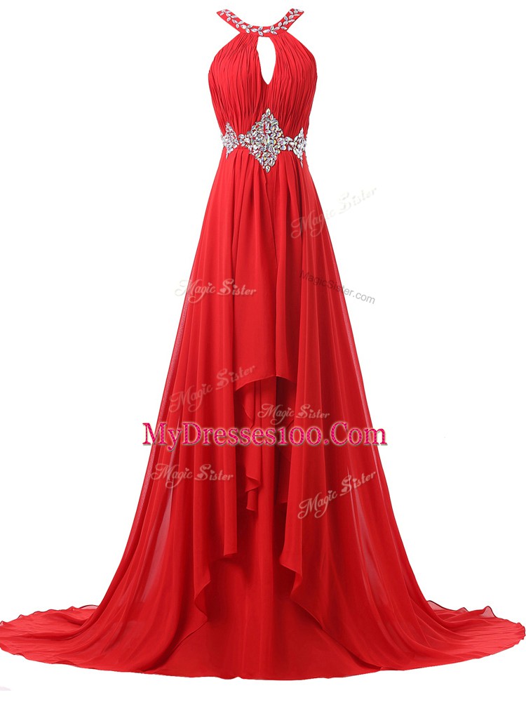 Sleeveless Brush Train Beading and Ruching Lace Up Prom Dresses