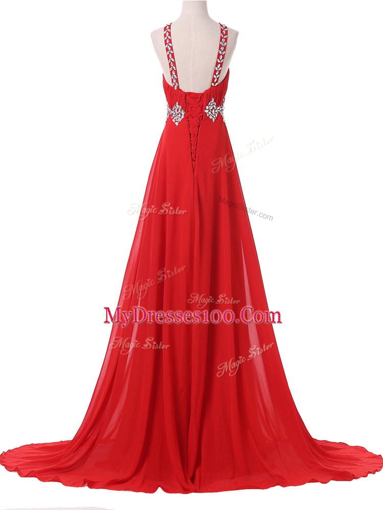 Sleeveless Brush Train Beading and Ruching Lace Up Prom Dresses