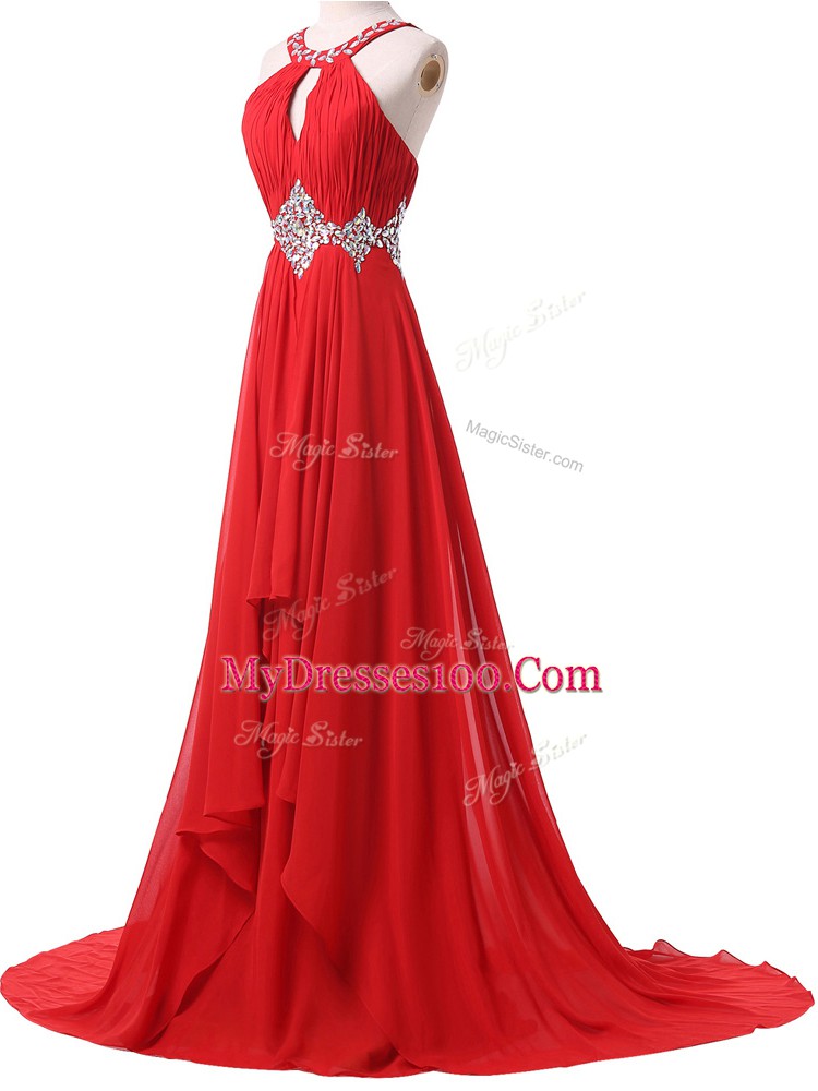 Sleeveless Brush Train Beading and Ruching Lace Up Prom Dresses